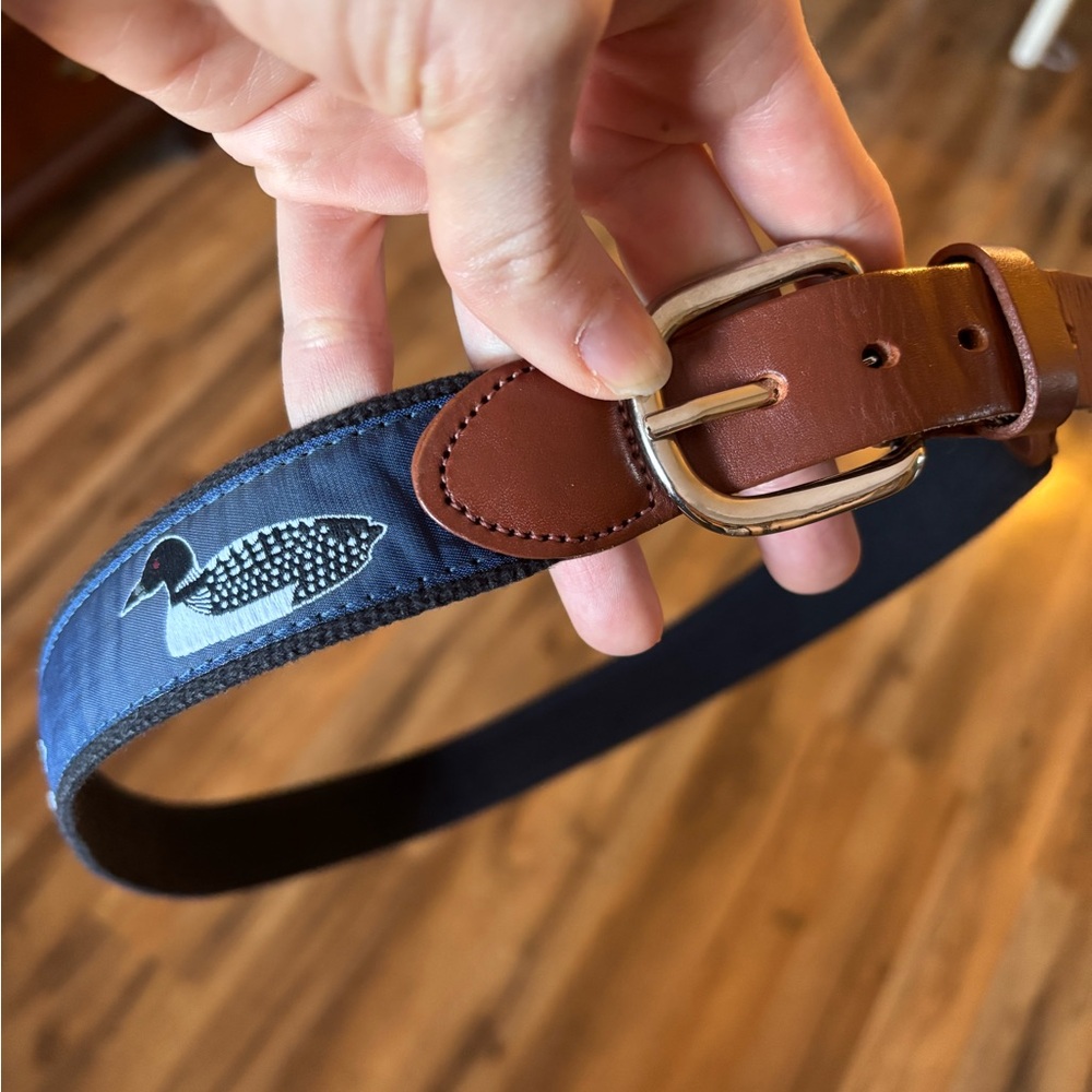 Navy Canvas Belt with Brown Leather Trim and Loon Motif